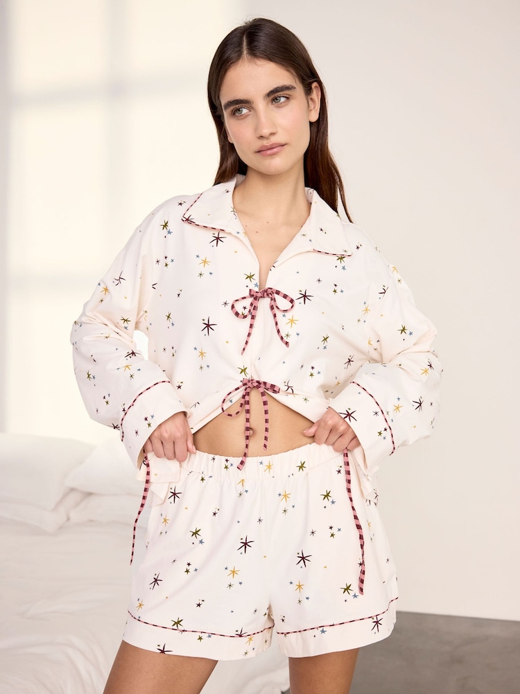 Chelsea Peers Natural Cotton Starlight Print Short Pyjama Set - Image 2 of 6 Chelsea Peers Natural Cotton Starlight Print Short Pyjama Set - Image 2 of 6
