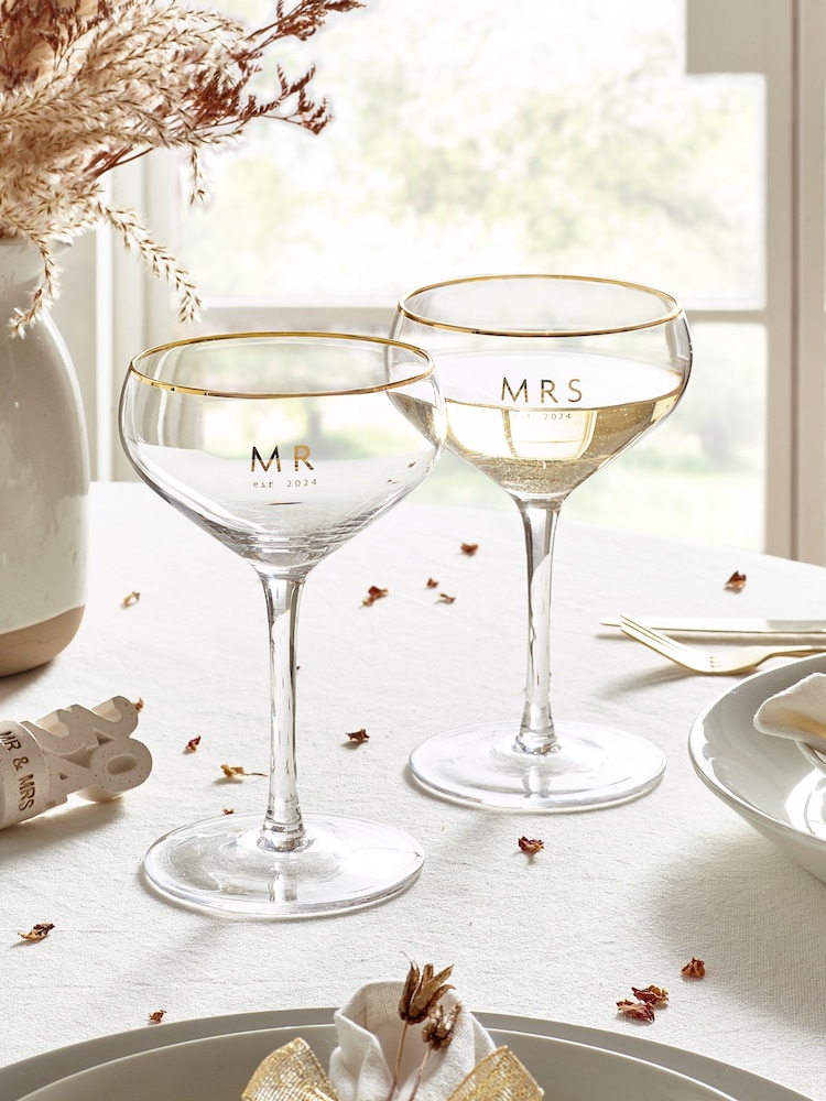 Set of 2 Gold Est In Wedding Champagne Coupe Glasses - Image 1 of 6