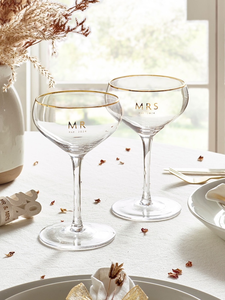 Set of 2 Gold Est In Wedding Champagne Coupe Glasses - Image 2 of 6