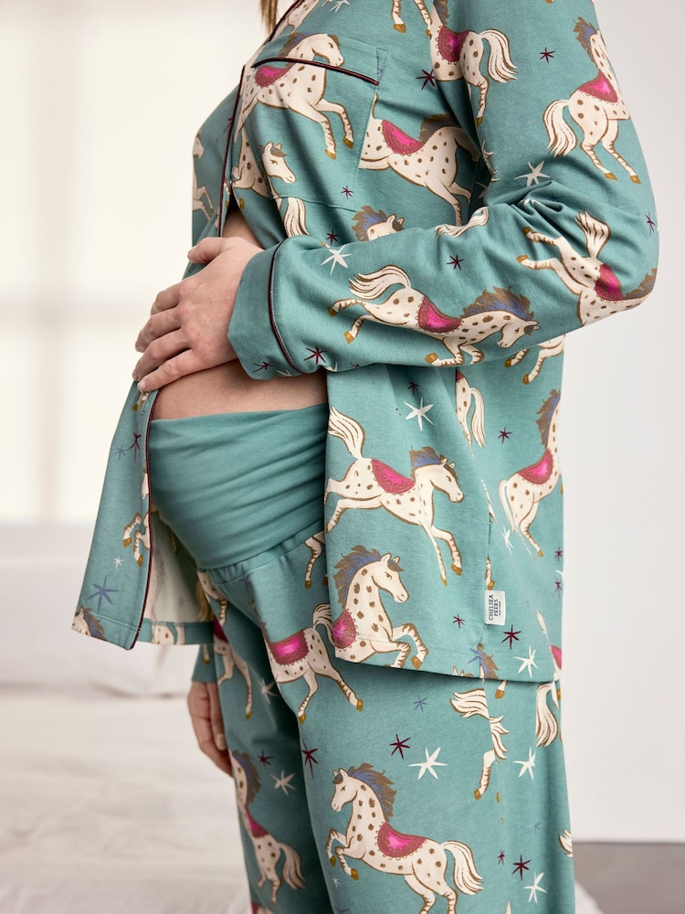 Chelsea Peers Green Maternity Cotton Carousel Horse Print Long Pyjama Set - Image 2 of 5 Chelsea Peers Green Maternity Cotton Carousel Horse Print Long Pyjama Set - Image 2 of 5