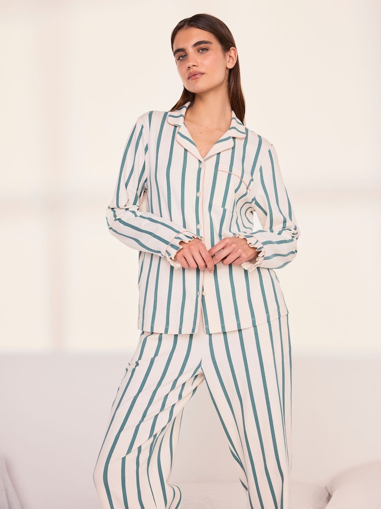 Conjunto de pijamas longo com babados e listrado de algodão Chelsea Peers - Imagem 2 de 7