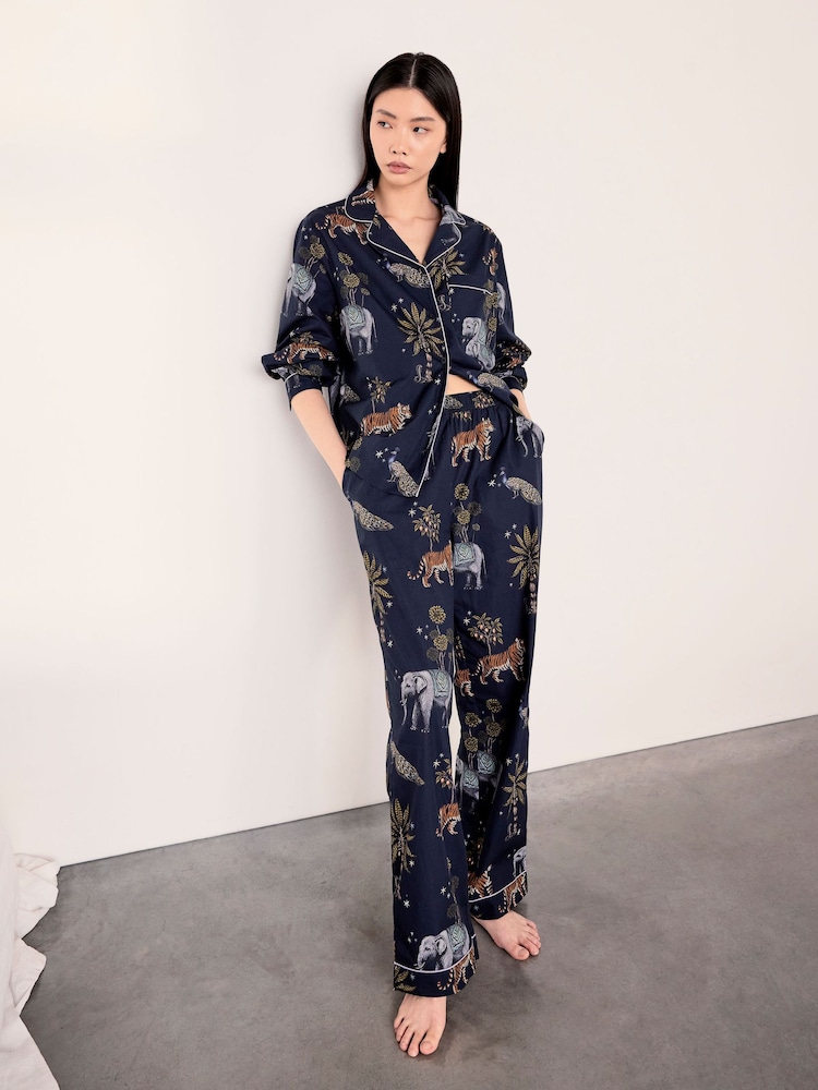 Chelsea Peers Blue Cotton Twilight Safari Print Long Pyjamas Set - Image 1 of 7 Chelsea Peers Blue Cotton Twilight Safari Print Long Pyjamas Set - Image 1 of 7