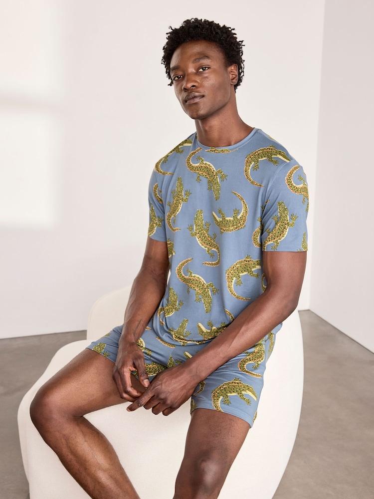 Chelsea Peers Blue Crocodile Lagoon Print Short Pyjamas Set - Image 1 of 6 Chelsea Peers Blue Crocodile Lagoon Print Short Pyjamas Set - Image 1 of 6
