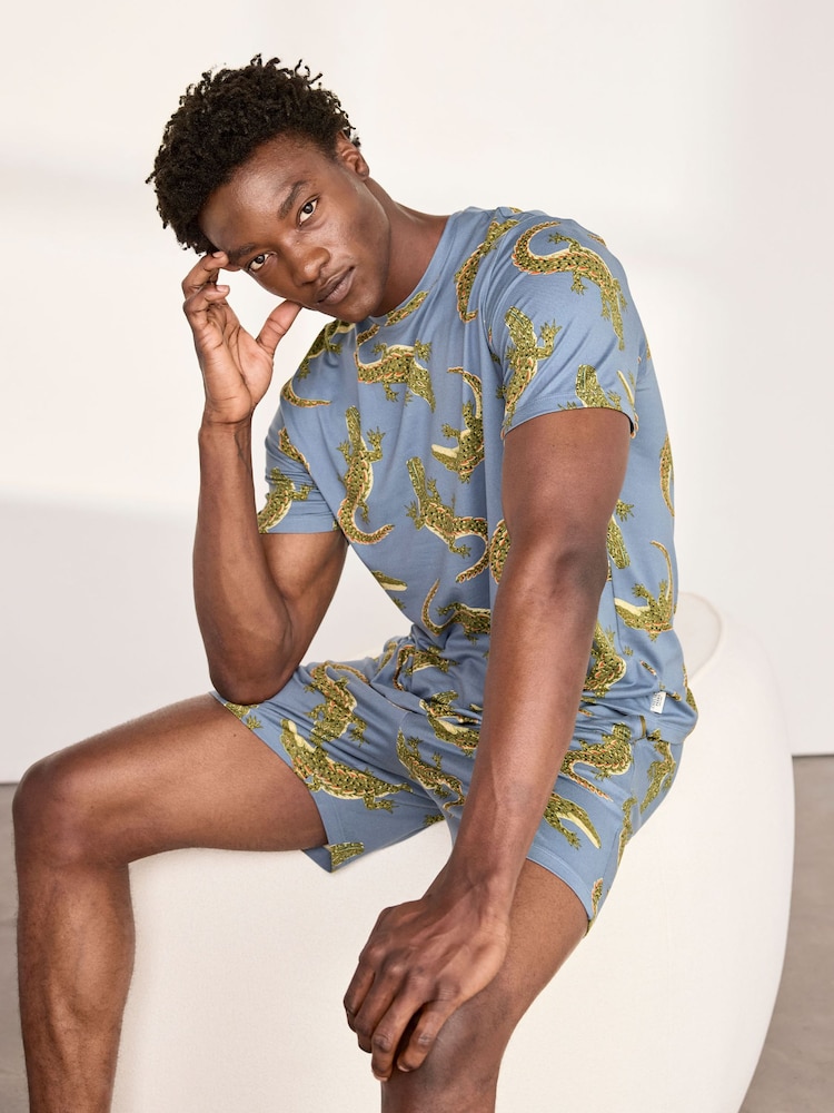 Chelsea Peers Blue Crocodile Lagoon Print Short Pyjamas Set - Image 6 of 6 Chelsea Peers Blue Crocodile Lagoon Print Short Pyjamas Set - Image 6 of 6