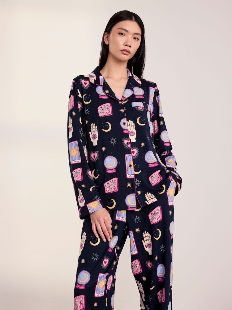 Chelsea Peers Blue Petite Halloween Fortune Teller Print Long Pyjama Set - Image 1 of 5 Chelsea Peers Blue Petite Halloween Fortune Teller Print Long Pyjama Set - Image 1 of 5