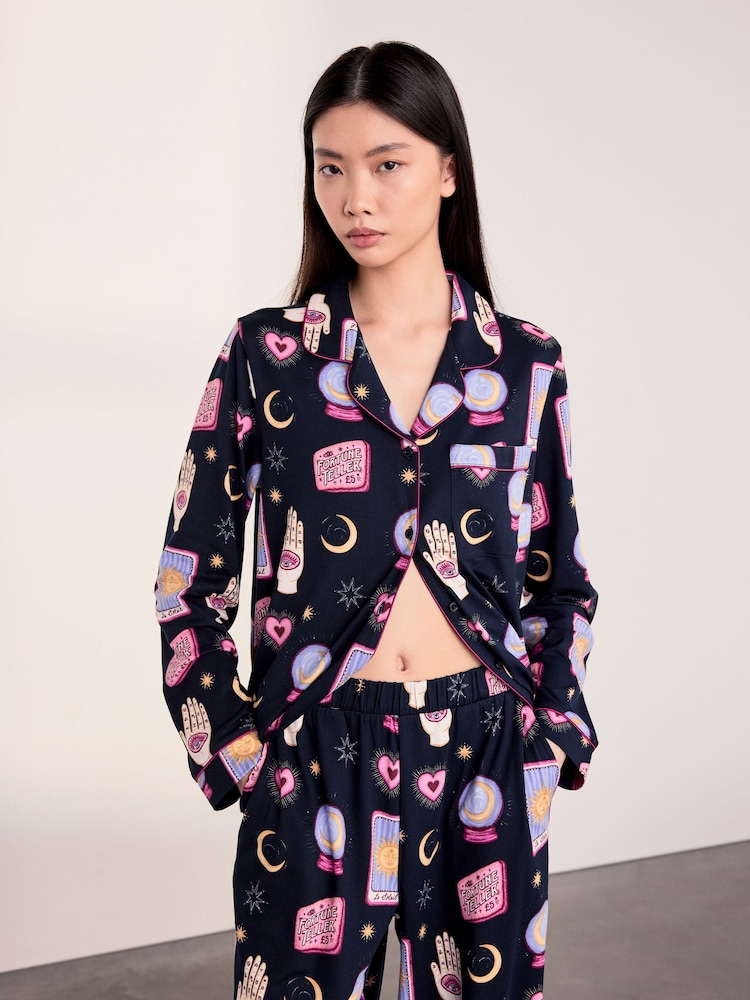 Chelsea Peers Blue Petite Halloween Fortune Teller Print Long Pyjama Set - Image 2 of 5 Chelsea Peers Blue Petite Halloween Fortune Teller Print Long Pyjama Set - Image 2 of 5