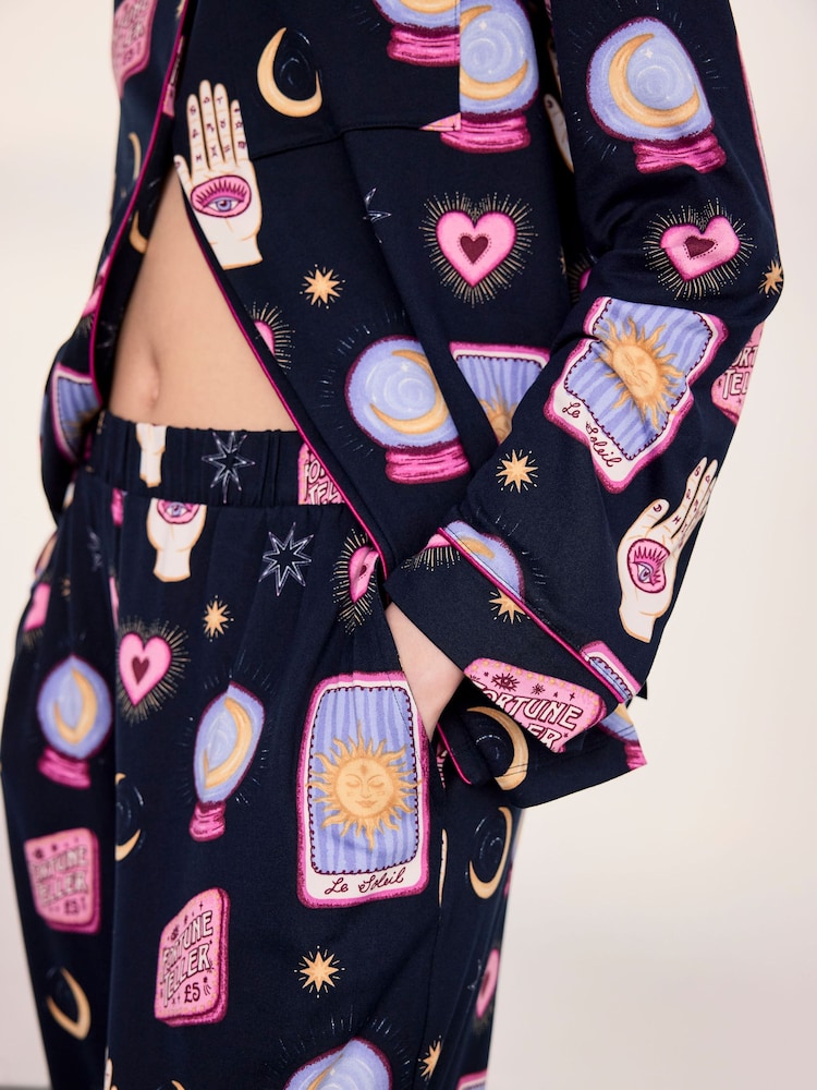 Chelsea Peers Blue Petite Halloween Fortune Teller Print Long Pyjama Set - Image 5 of 5 Chelsea Peers Blue Petite Halloween Fortune Teller Print Long Pyjama Set - Image 5 of 5