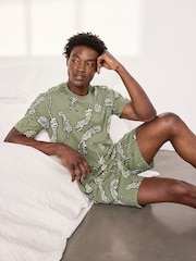 Chelsea Peers Green Cotton Lino Cut Leopard Print Long Pyjama Set - Image 1 of 6