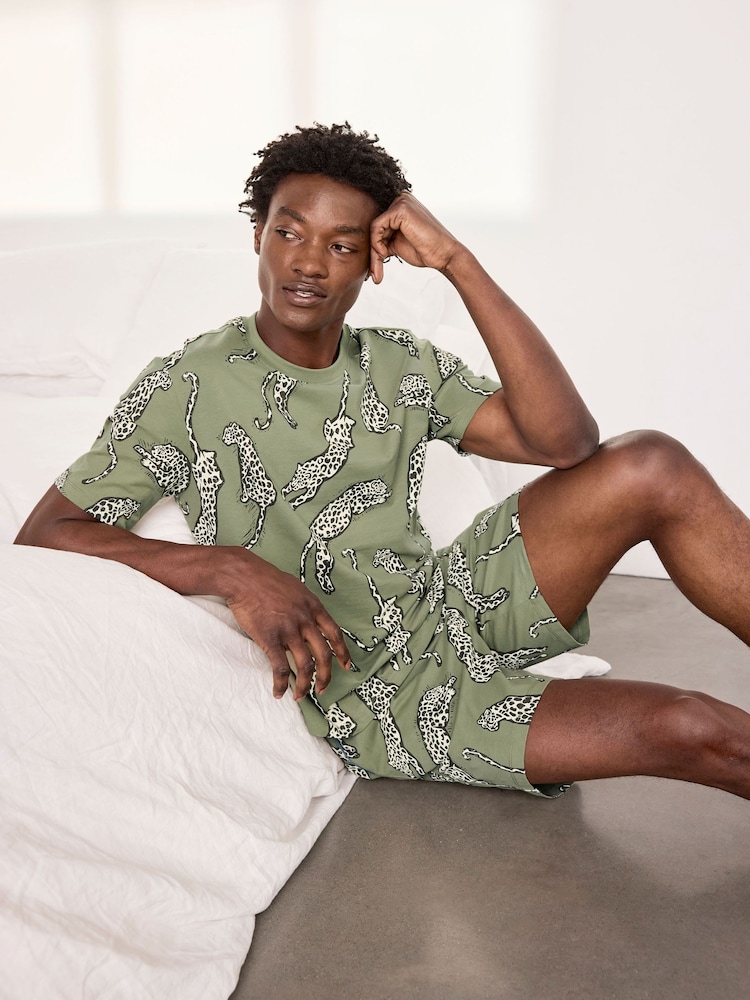 Chelsea Peers Green Cotton Lino Cut Leopard Print Long Pyjama Set - Image 1 of 6 Chelsea Peers Green Cotton Lino Cut Leopard Print Long Pyjama Set - Image 1 of 6