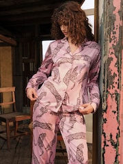 Chelsea Peers Pink Satin Lino Cut Leopard Print Long Pyjamas Set - Image 1 of 8