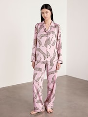 Chelsea Peers Pink Satin Lino Cut Leopard Print Long Pyjamas Set - Image 2 of 8