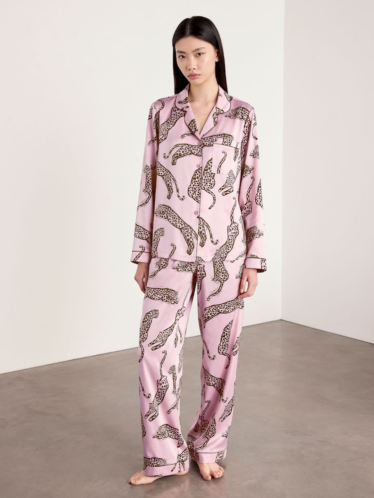 Chelsea Peers Pink Satin Lino Cut Leopard Print Long Pyjamas Set - Image 2 of 8