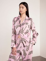 Chelsea Peers Pink Satin Lino Cut Leopard Print Long Pyjamas Set - Image 3 of 8