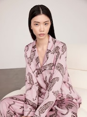 Chelsea Peers Pink Satin Lino Cut Leopard Print Long Pyjamas Set - Image 6 of 8