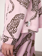 Chelsea Peers Pink Satin Lino Cut Leopard Print Long Pyjamas Set - Image 7 of 8