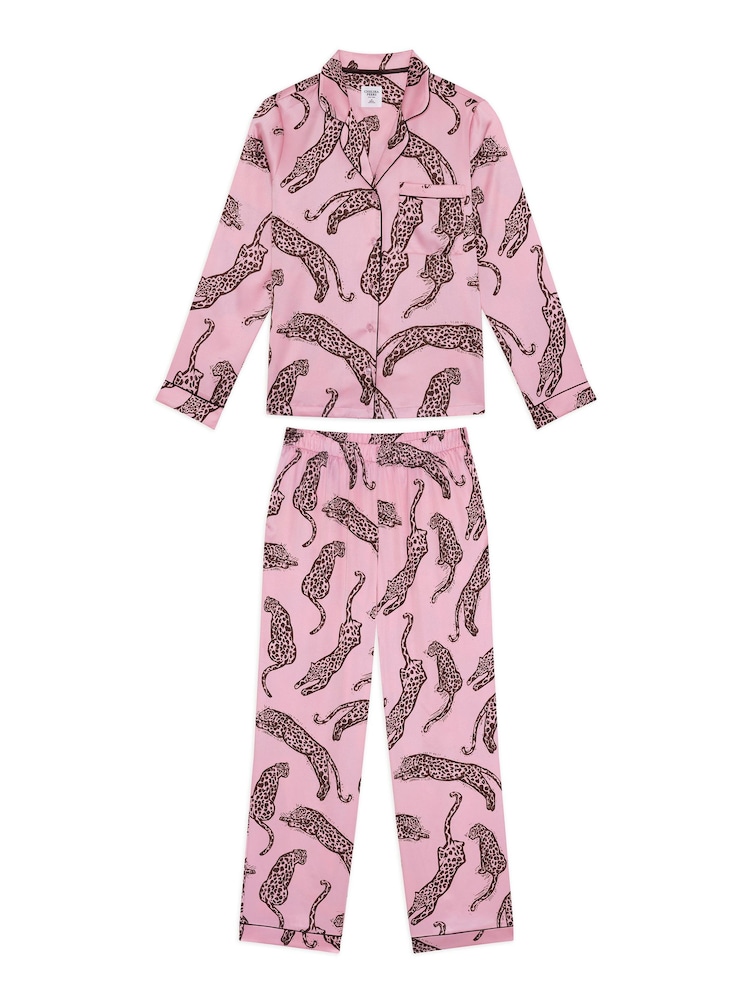 Chelsea Peers Pink Satin Lino Cut Leopard Print Long Pyjamas Set - Image 8 of 8