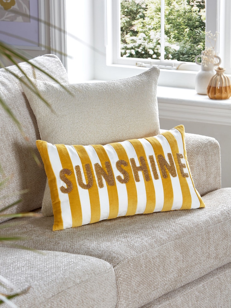 Ochre Yellow 50 x 30cm Velvet Stipe Sunshine Slogan Oblong Cushion - Image 1 of 4