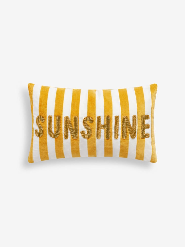 Ochre Yellow 50 x 30cm Velvet Stipe Sunshine Slogan Oblong Cushion - Image 2 of 4
