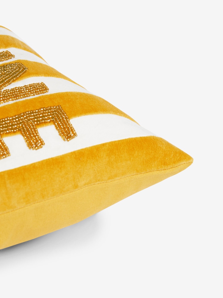 Ochre Yellow 50 x 30cm Velvet Stipe Sunshine Slogan Oblong Cushion - Image 4 of 4