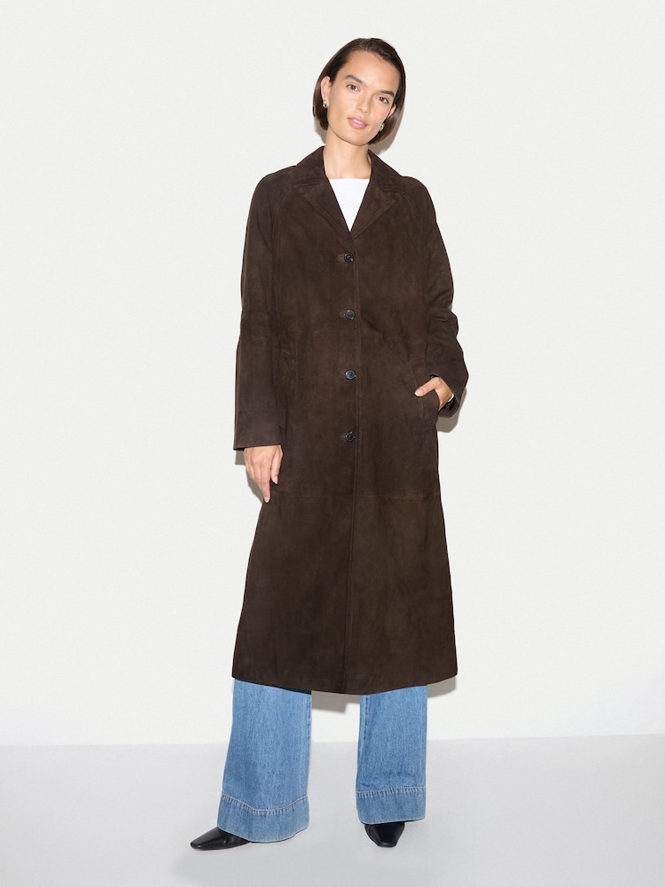 Jigsaw Brown Suede Longline Coat - Image 1 of 7 Jigsaw Brown Suede Longline Coat - Image 1 of 7