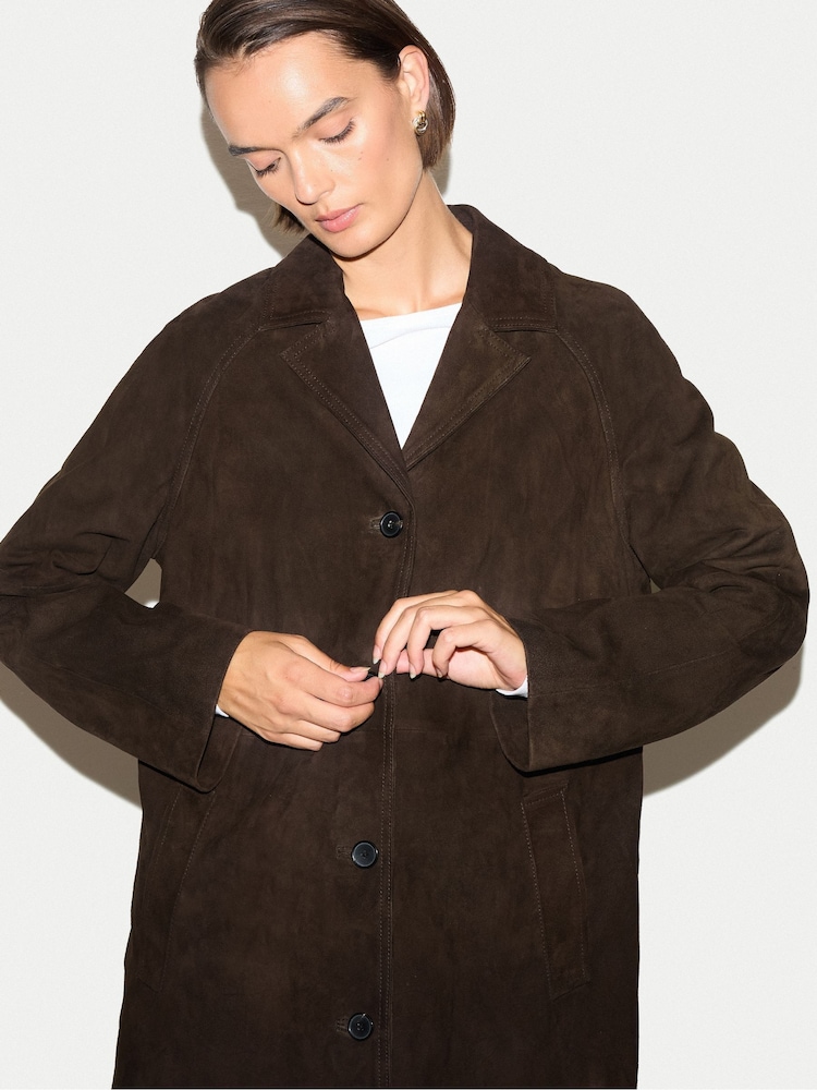 Jigsaw Brown Suede Longline Coat - Image 2 of 7 Jigsaw Brown Suede Longline Coat - Image 2 of 7