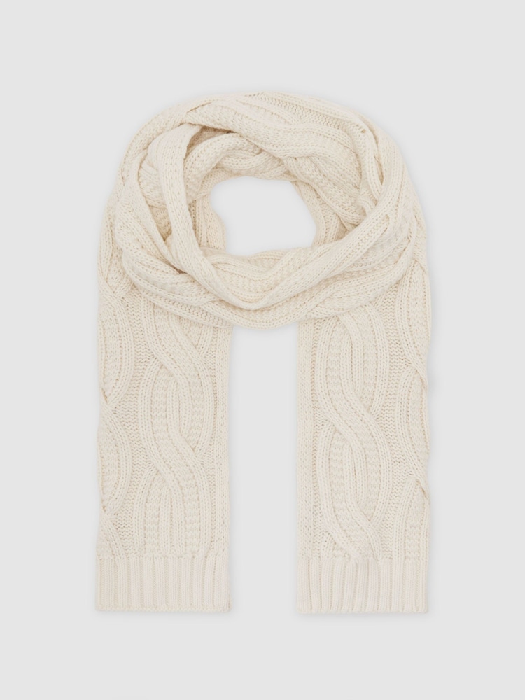 Reiss White Polar Cable-Knit Scarf with Wool - Image 2 of 4 Reiss White Polar Cable-Knit Scarf with Wool - Image 2 of 4
