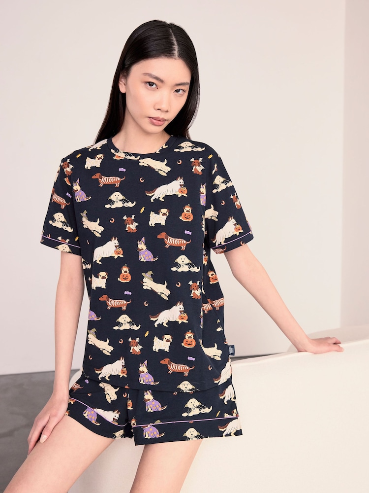 Chelsea Peers Blue Cotton Halloween Dogs Print Short Pyjamas Set - Image 1 of 5 Chelsea Peers Blue Cotton Halloween Dogs Print Short Pyjamas Set - Image 1 of 5