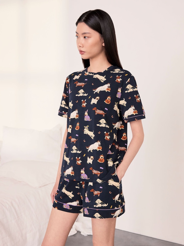 Chelsea Peers Blue Cotton Halloween Dogs Print Short Pyjamas Set - Image 2 of 5 Chelsea Peers Blue Cotton Halloween Dogs Print Short Pyjamas Set - Image 2 of 5