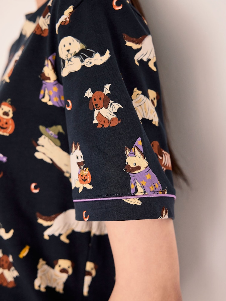 Chelsea Peers Blue Cotton Halloween Dogs Print Short Pyjamas Set - Image 5 of 5 Chelsea Peers Blue Cotton Halloween Dogs Print Short Pyjamas Set - Image 5 of 5