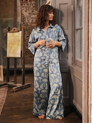 Chelsea Peers Blue Satin Tigers & Peacocks Print Long Pyjamas Set - Image 1 of 8