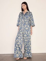 Chelsea Peers Blue Satin Tigers & Peacocks Print Long Pyjamas Set - Image 2 of 8