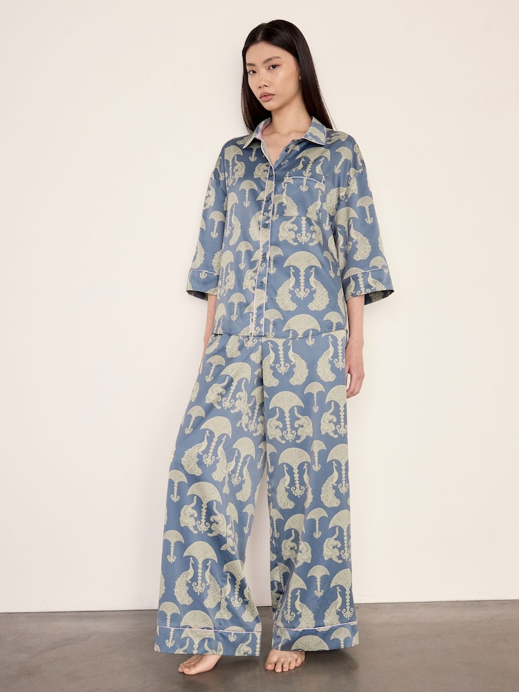 Chelsea Peers Blue Satin Tigers & Peacocks Print Long Pyjamas Set - Image 2 of 8 Chelsea Peers Blue Satin Tigers & Peacocks Print Long Pyjamas Set - Image 2 of 8
