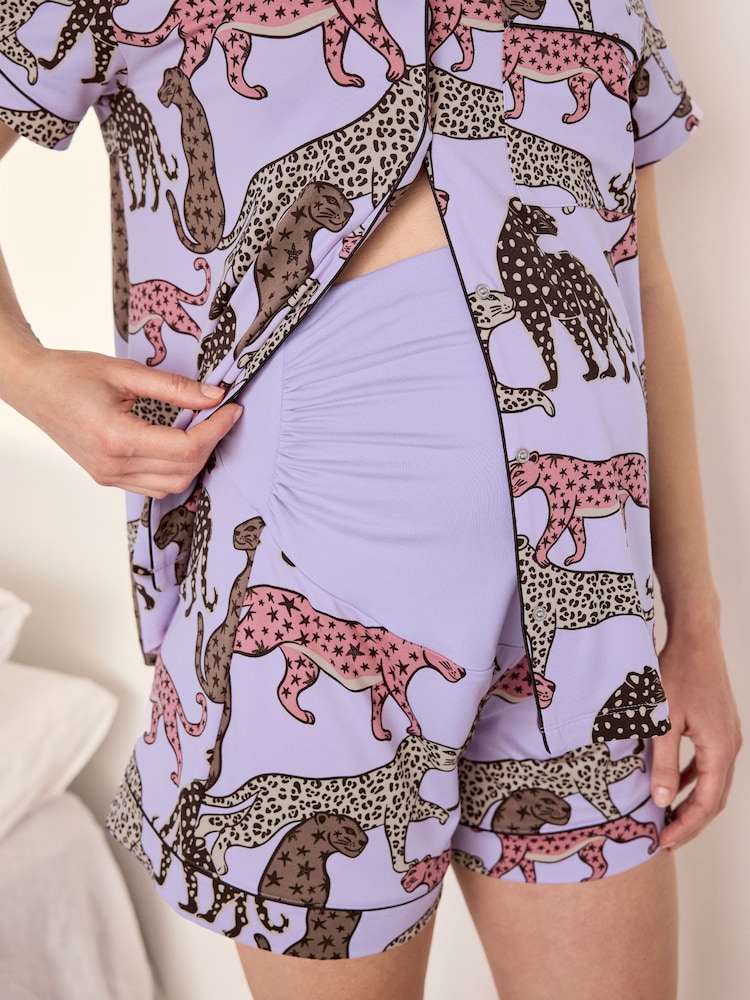Chelsea Peers Purple Maternity Starry Leopard Print Short Pyjama Set - Image 5 of 5