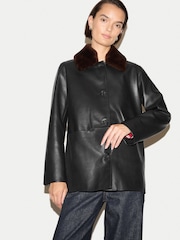 Jigsaw Brown Shearling Trim Leather Jacket - Image 1 of 6