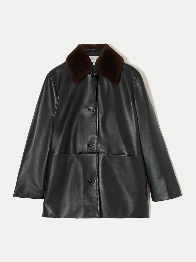 Jigsaw Brown Shearling Trim Leather Jacket - Image 6 of 6 Jigsaw Brown Shearling Trim Leather Jacket - Image 6 of 6