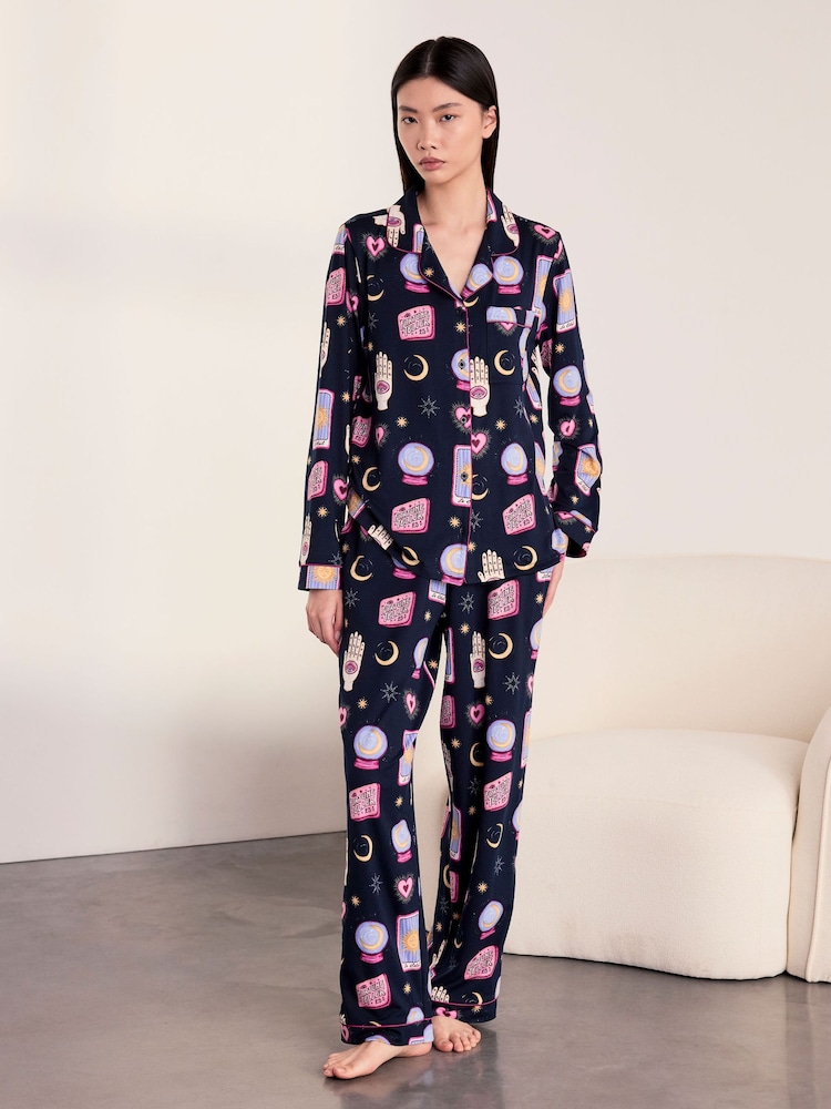 Chelsea Peers Blue Halloween Fortune Teller Print Long Pyjamas Set - Image 1 of 5 Chelsea Peers Blue Halloween Fortune Teller Print Long Pyjamas Set - Image 1 of 5