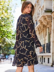 Sosandar Black Chain Print Wrap Front Dress - Image 2 of 5
