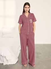 Chelsea Peers Pink Cotton Embroidered Good Night Stripe Long Pyjamas Set - Image 2 of 8
