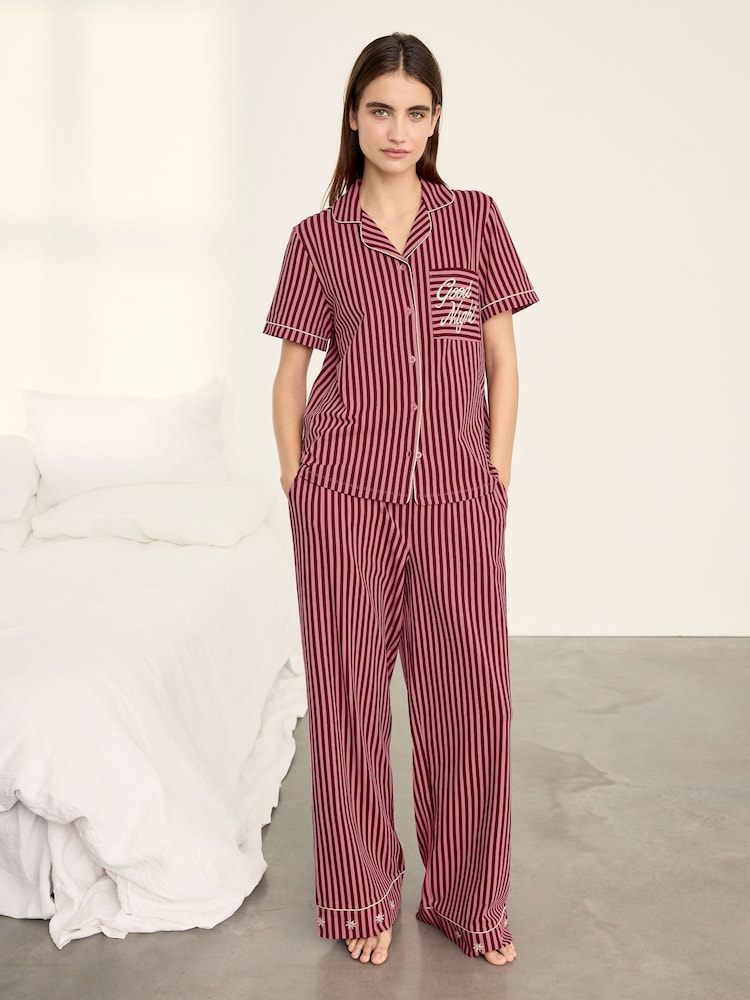 Chelsea Peers Pink Cotton Embroidered Good Night Stripe Long Pyjamas Set - Image 2 of 8 Chelsea Peers Pink Cotton Embroidered Good Night Stripe Long Pyjamas Set - Image 2 of 8
