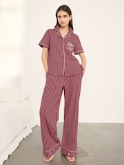 Chelsea Peers Pink Cotton Embroidered Good Night Stripe Long Pyjamas Set - Image 6 of 8