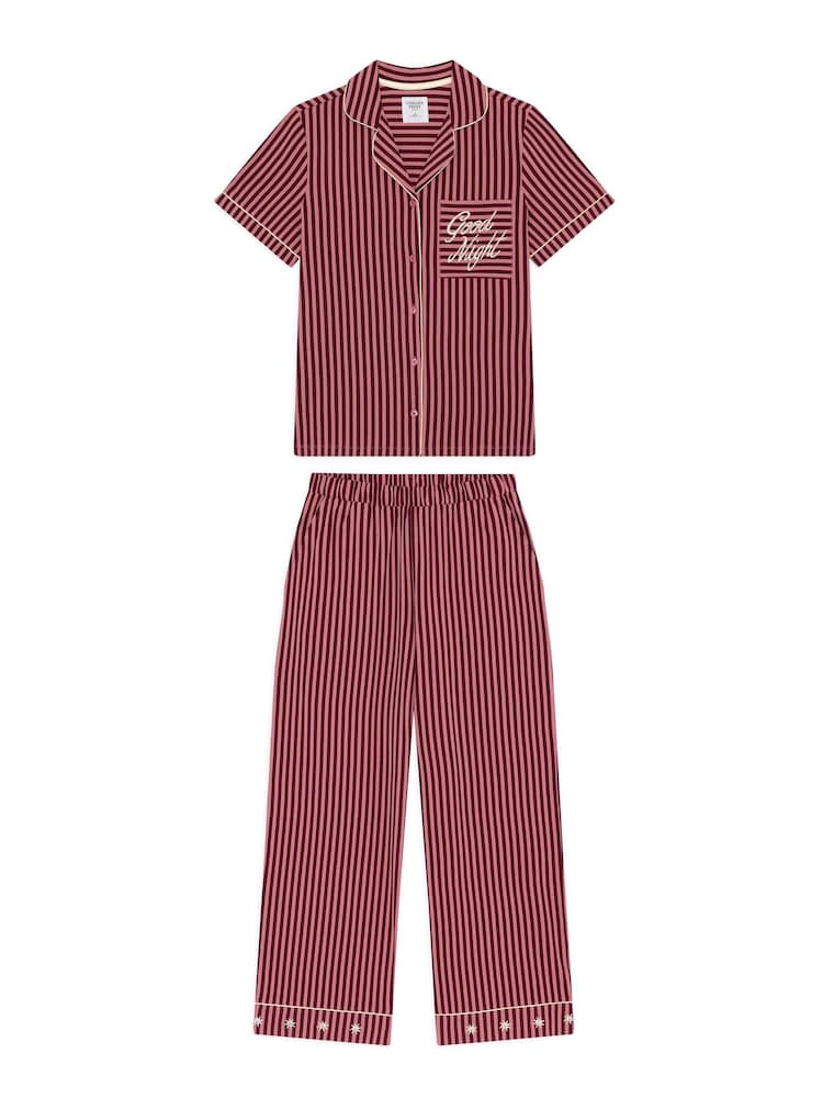 Chelsea Peers Pink Cotton Embroidered Good Night Stripe Long Pyjamas Set - Image 8 of 8 Chelsea Peers Pink Cotton Embroidered Good Night Stripe Long Pyjamas Set - Image 8 of 8