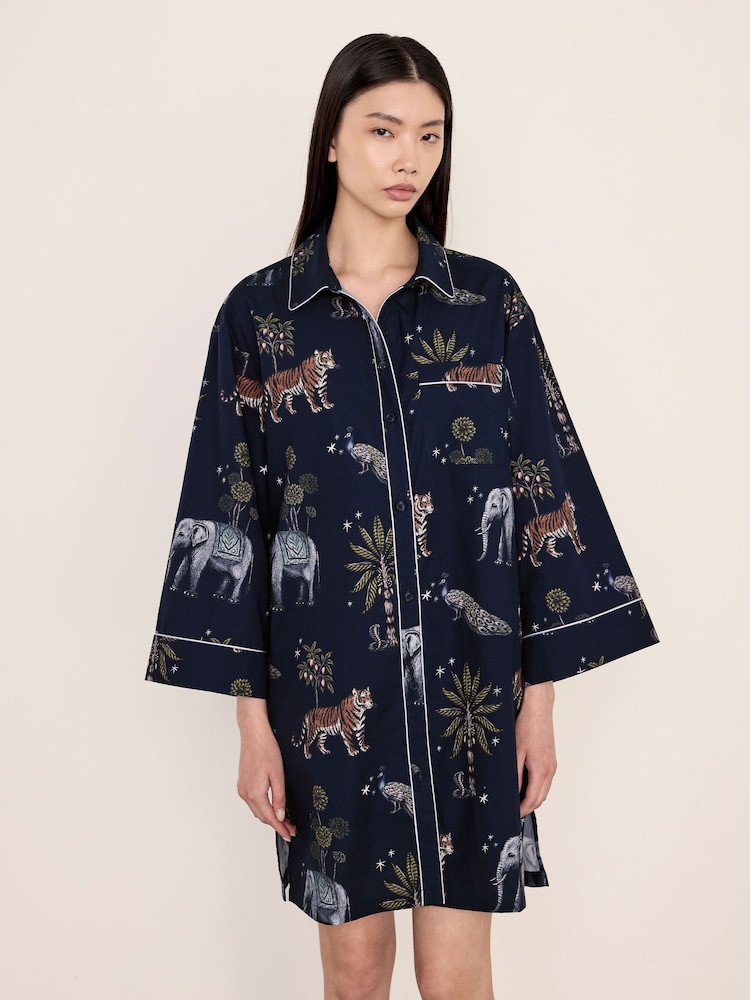 Chelsea Peers Blue Cotton Twilight Safari Print Nightshirt - Image 2 of 5 Chelsea Peers Blue Cotton Twilight Safari Print Nightshirt - Image 2 of 5