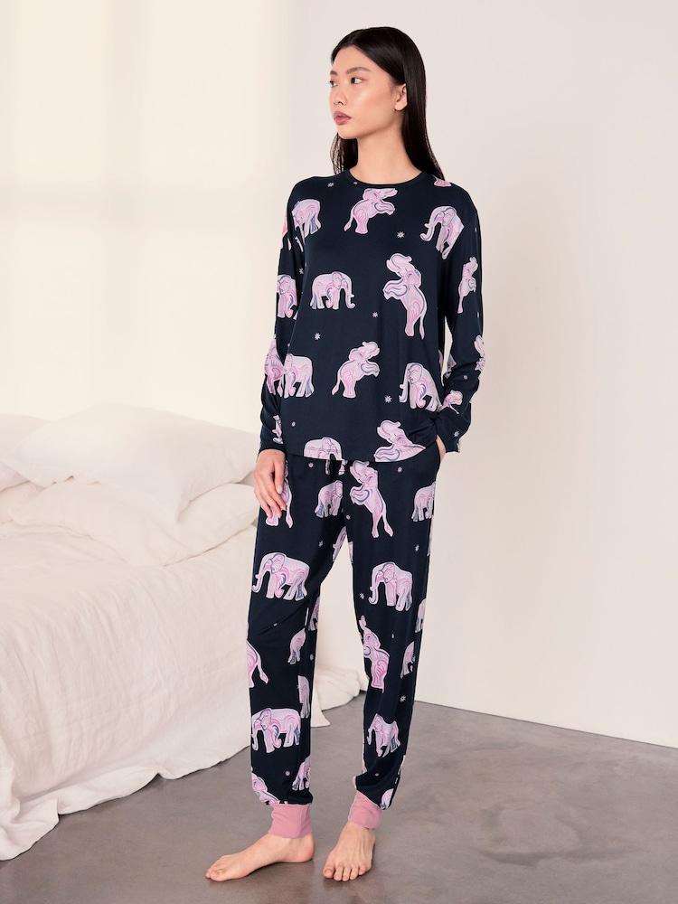 Chelsea Peers Blue Elephant Dreamscape Print Long Pyjamas Set - Image 1 of 5 Chelsea Peers Blue Elephant Dreamscape Print Long Pyjamas Set - Image 1 of 5