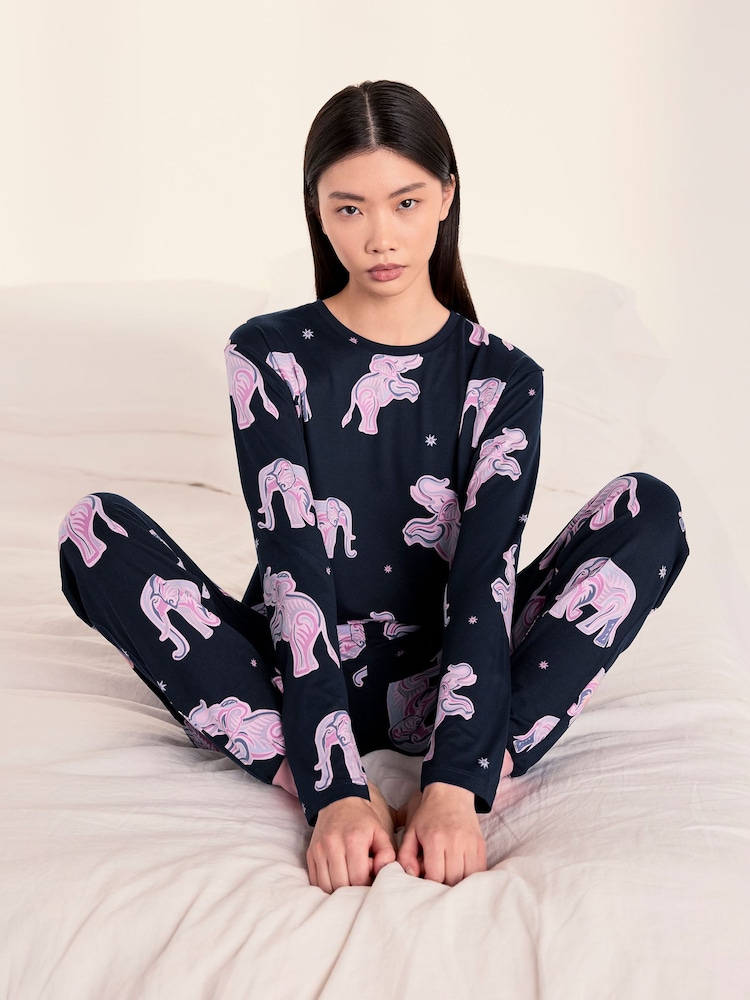 Chelsea Peers Blue Elephant Dreamscape Print Long Pyjamas Set - Image 2 of 5 Chelsea Peers Blue Elephant Dreamscape Print Long Pyjamas Set - Image 2 of 5