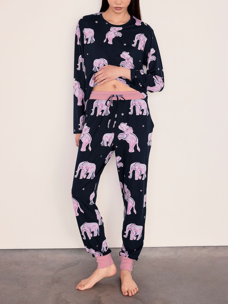 Chelsea Peers Blue Elephant Dreamscape Print Long Pyjamas Set - Image 5 of 5 Chelsea Peers Blue Elephant Dreamscape Print Long Pyjamas Set - Image 5 of 5