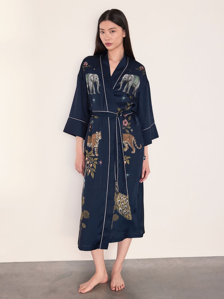Chelsea Peers Blue Satin Moonlight Safari Print Kimono Dressing Gown - Image 1 of 7 Chelsea Peers Blue Satin Moonlight Safari Print Kimono Dressing Gown - Image 1 of 7