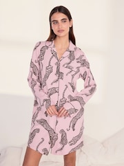 Chelsea Peers Pink Cotton Lino Cut Leopard Print Nightshirt - Image 1 of 5