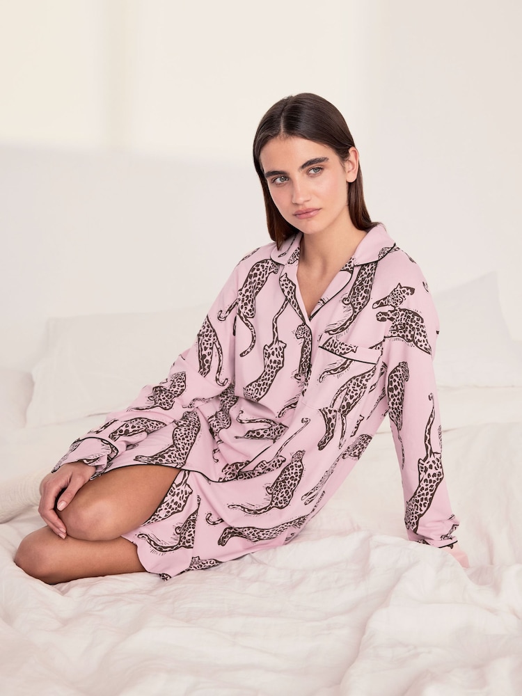 Chelsea Peers Pink Cotton Lino Cut Leopard Print Nightshirt - Image 5 of 5 Chelsea Peers Pink Cotton Lino Cut Leopard Print Nightshirt - Image 5 of 5