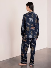 Chelsea Peers Blue Petite Cotton Twilight Safari Print Long Pyjama Set - Image 4 of 6