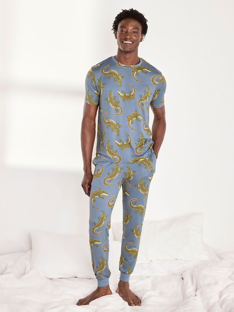 Chelsea Peers Blue Crocodile Lagoon Print Long Pyjamas Set - Image 1 of 5 Chelsea Peers Blue Crocodile Lagoon Print Long Pyjamas Set - Image 1 of 5
